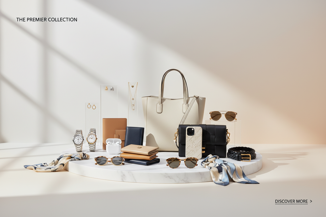 Create a luxury, modern E commerce banner image for an e-commerce website.

Design a clean, premium background with soft light color combinations such as off-white, cream, beige, pastel tones and light grey.

Display a complete collection of stylish all types of  accessories neatly arranged, including